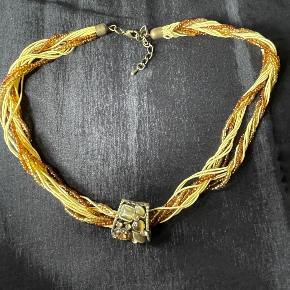 Multi Strand Beaded Statement Necklace Yellow Amber Cat Eye Rhinestone Pendant